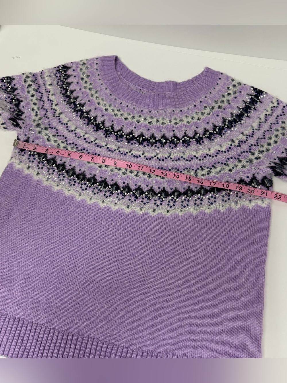 Talbots Sweater Womens 1X Purple Rhinestone Knit Wool Blend Fair Isle Crew NWOT - Picture 7 of 8
